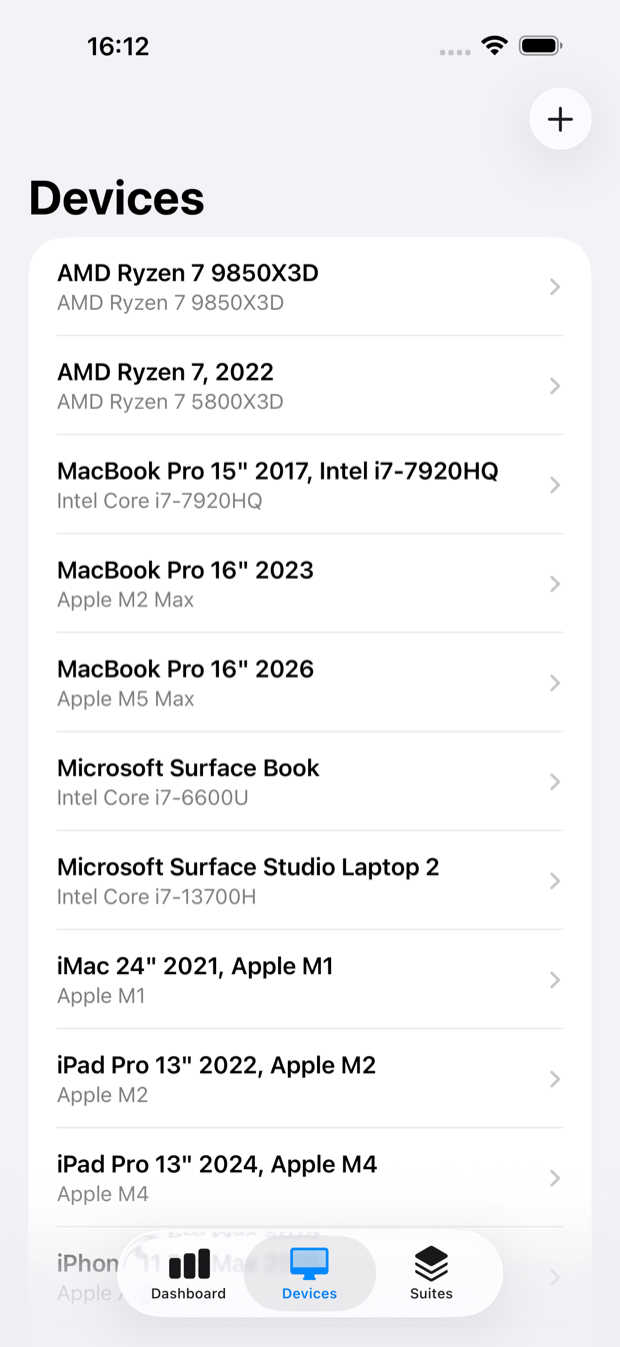 Devices list showing each machine and its processor.